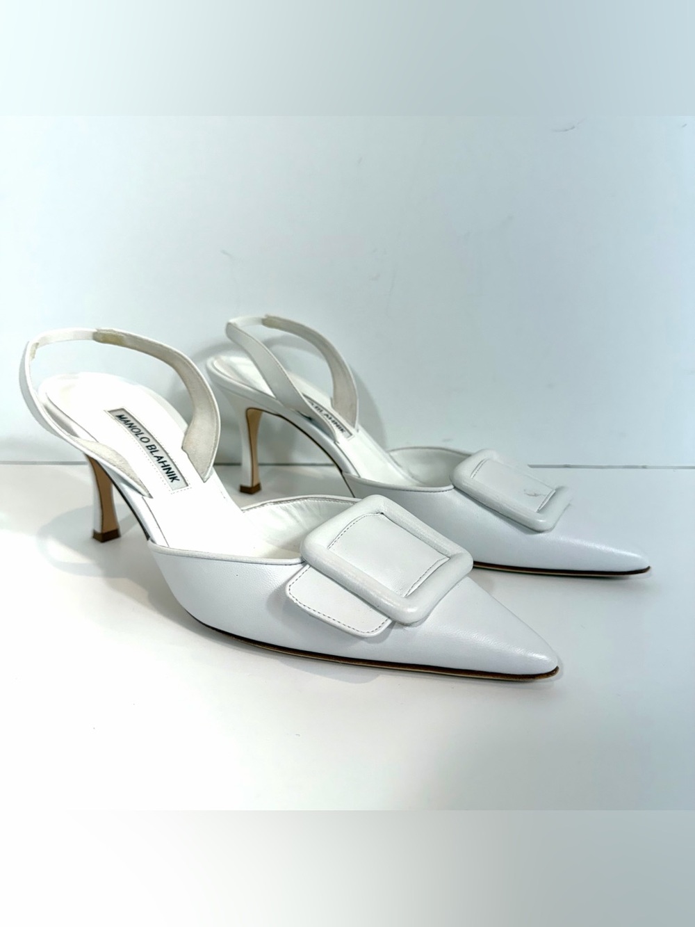 Manolo Blahnik White Nappa Leather Maysli Slingback Pumps - Size 40 US 10